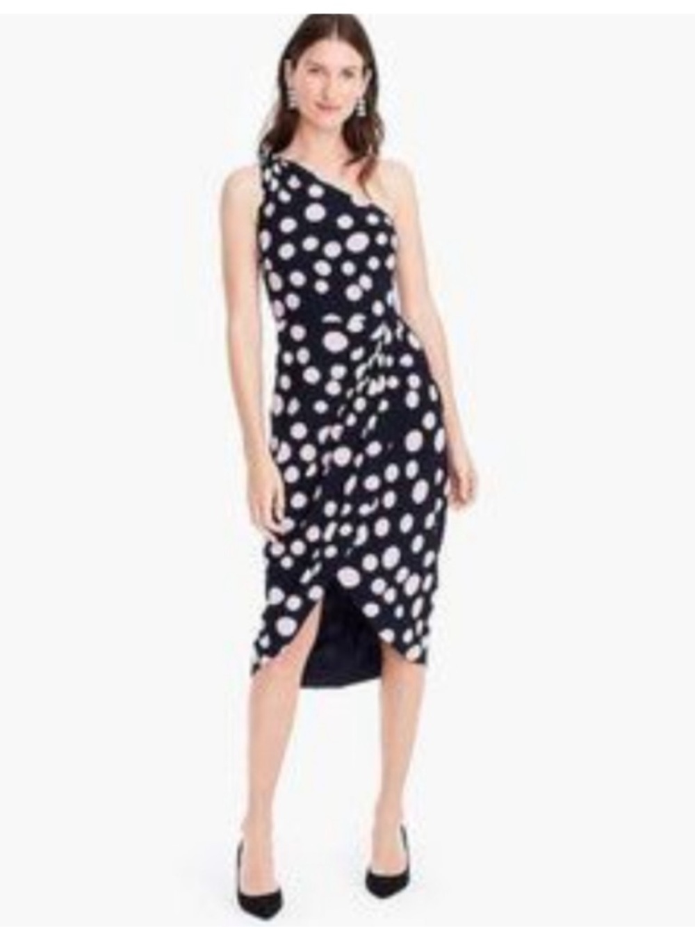 NWT J. Crew Silk One-Shoulder Dress Polka Dot Navy Blue Purple Wrap Tulip Hem 6